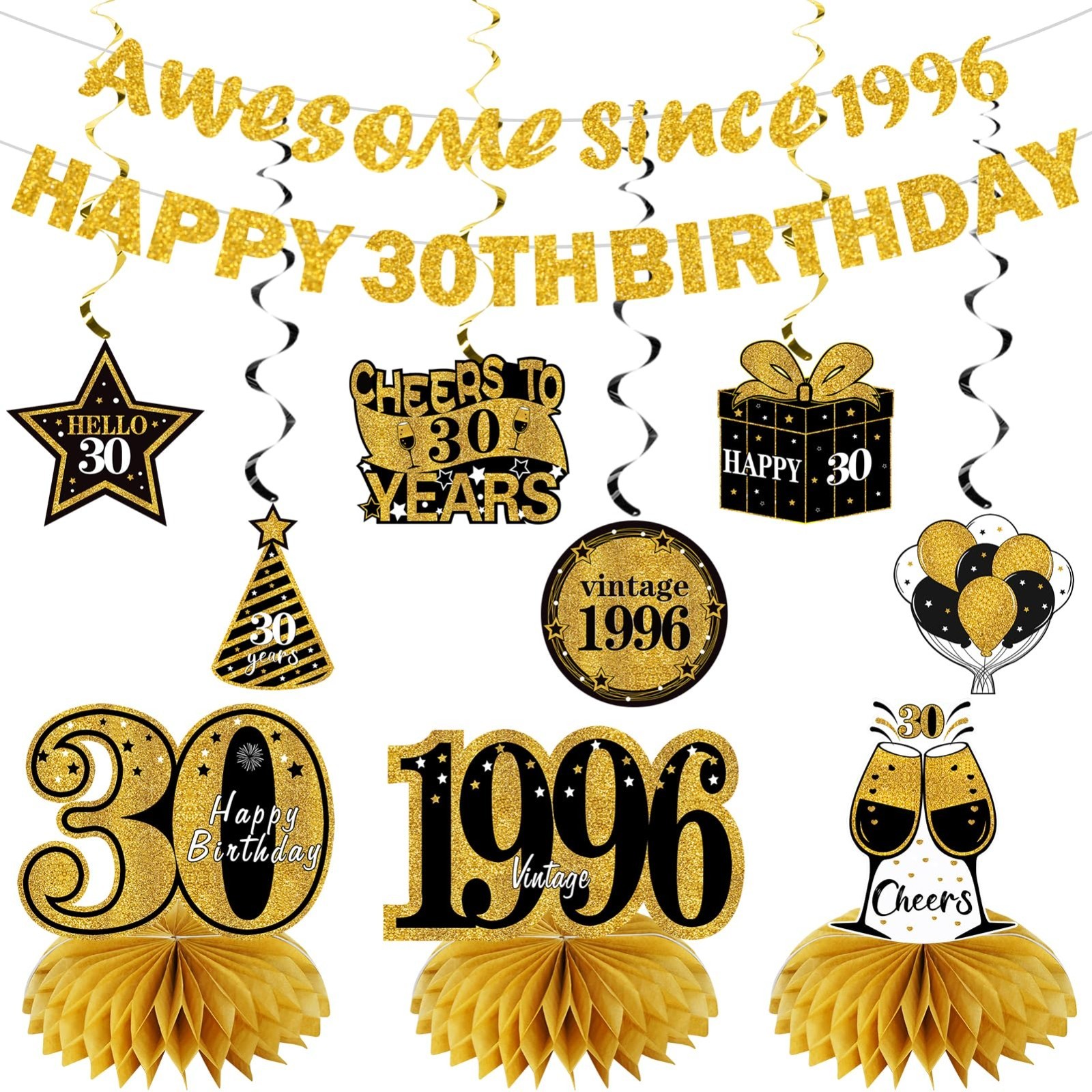 30th Birthday Decorations Kit – 11Pcs Black Gold Banner, Centerpieces & Swirls P
