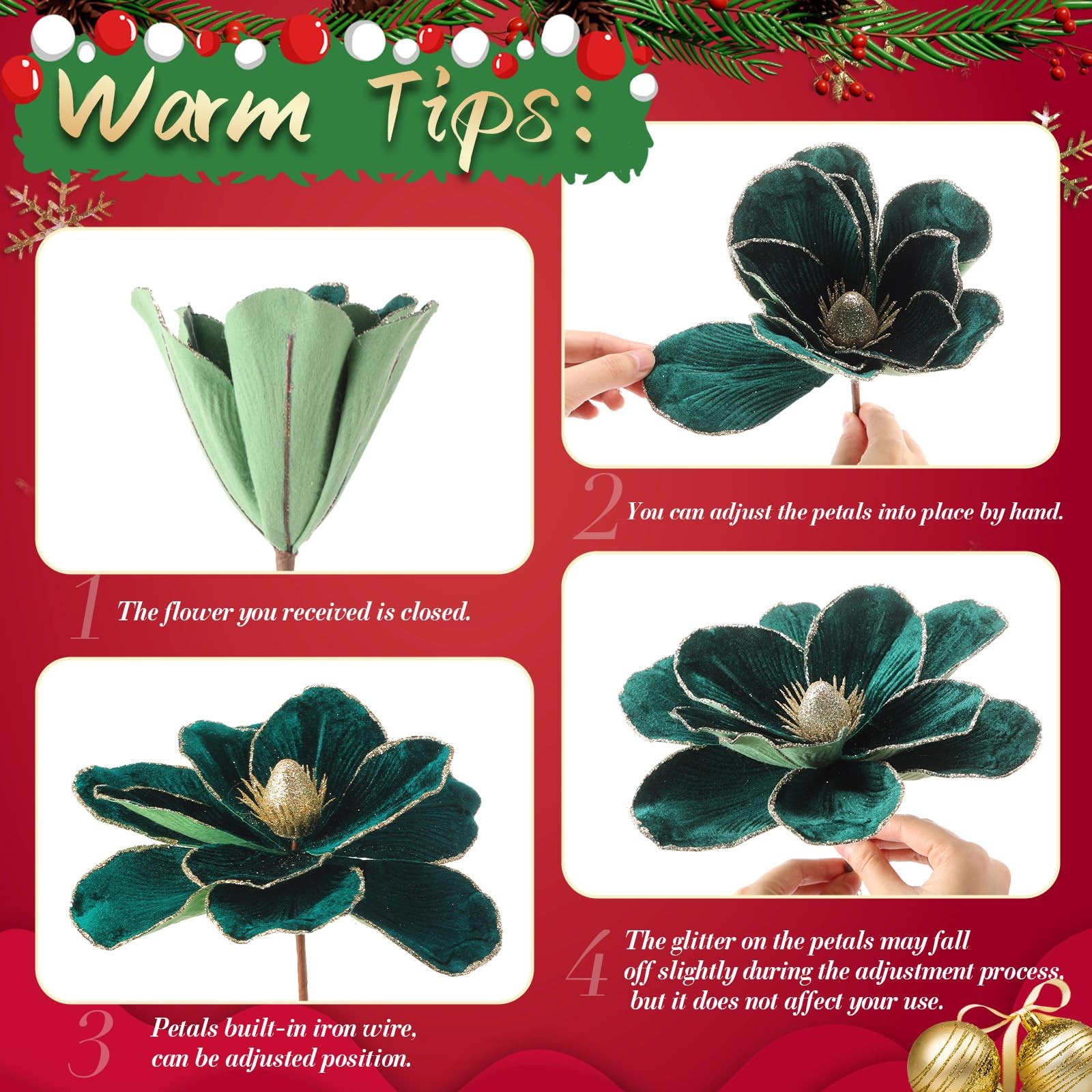 12 PCS Dark Green Large Velvet Christmas Poinsettia Magnolia Flowers Ornaments