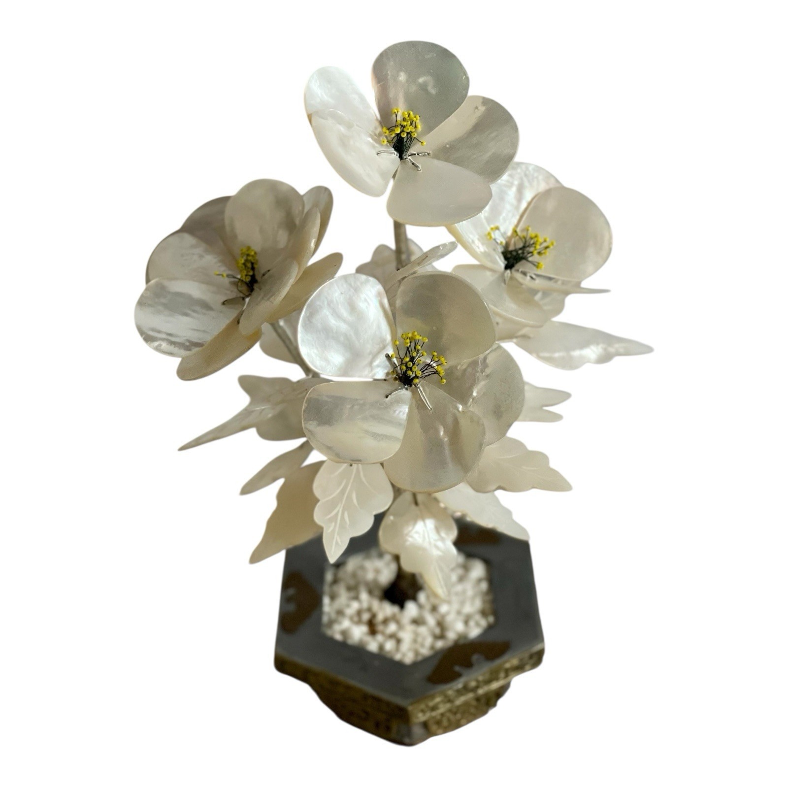 Vintage Mother of Pearl Capiz Shell Flower Bonsai Tree Bronze Planter 12”