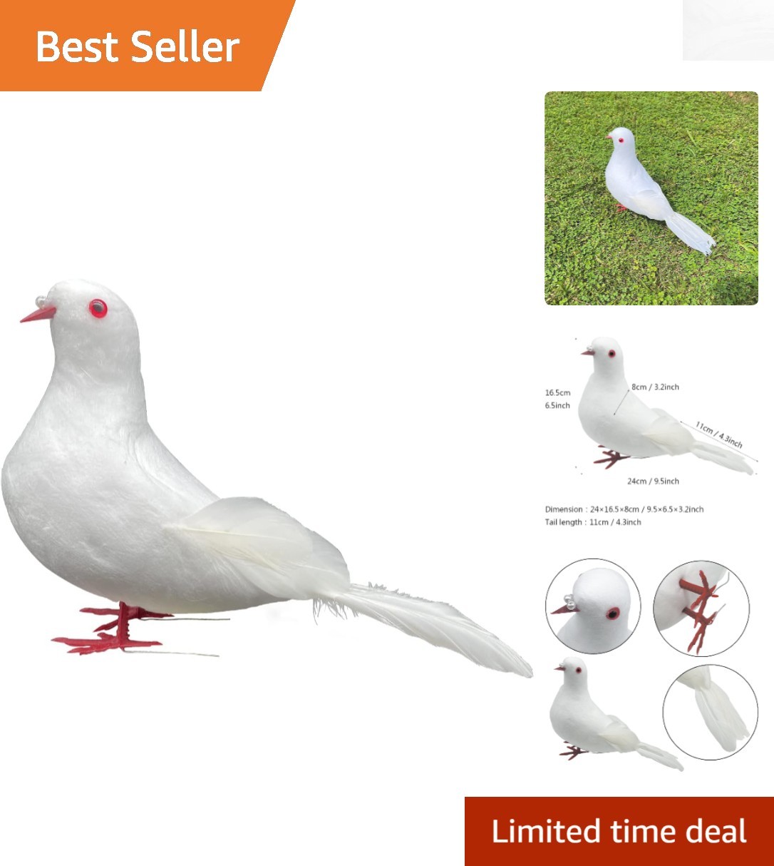 Lifelike 9.5-Inch White Dove – Perfect for Craft, Wedding, & Christmas Decor
