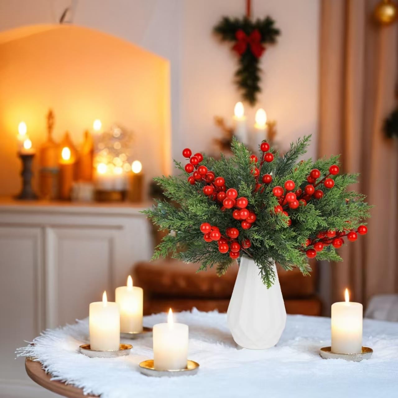 Christmas Artificial Pine Branches with Red Berry Stems 10″ Home Decorations