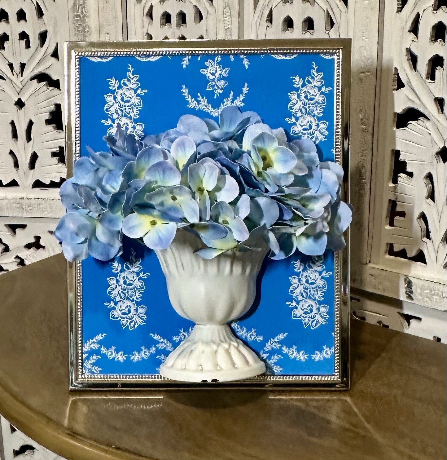 3D Artistry Handmade Blue Hydrangeas in Distressed Metal Urn Framed Florals
