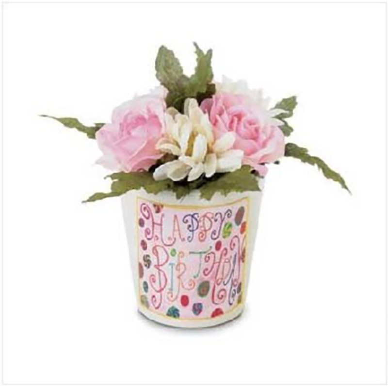 HAPPY BIRTHDAY Mini Fabric Roses Flower Bouquet Terra Cotta Pot Gift Friend Her