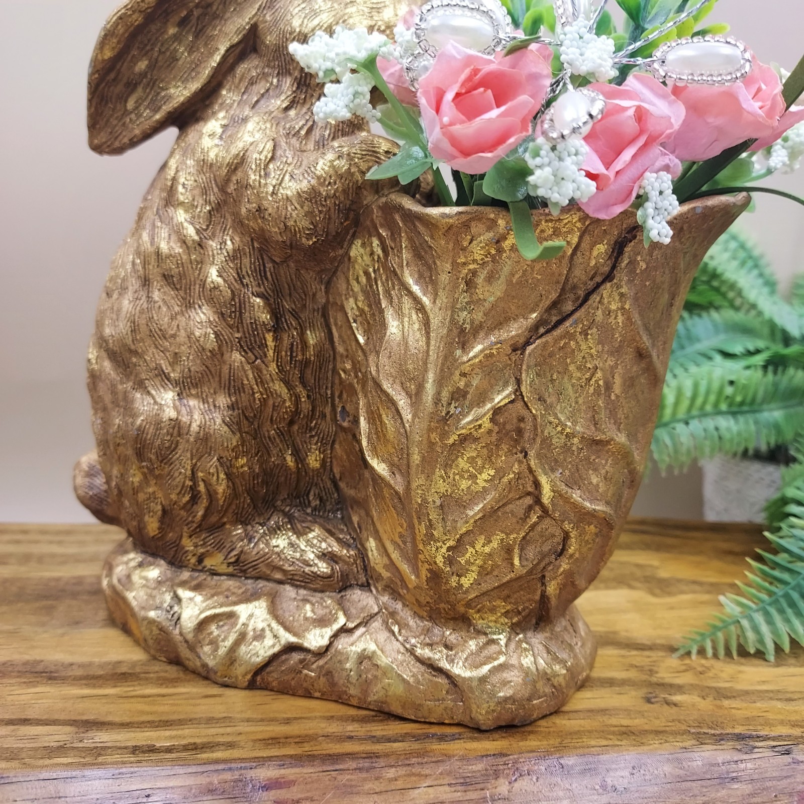 BUNNY & CABBAGE PLANTER Table Decor Gold Rabbit w Pink Mini Roses / Flowers