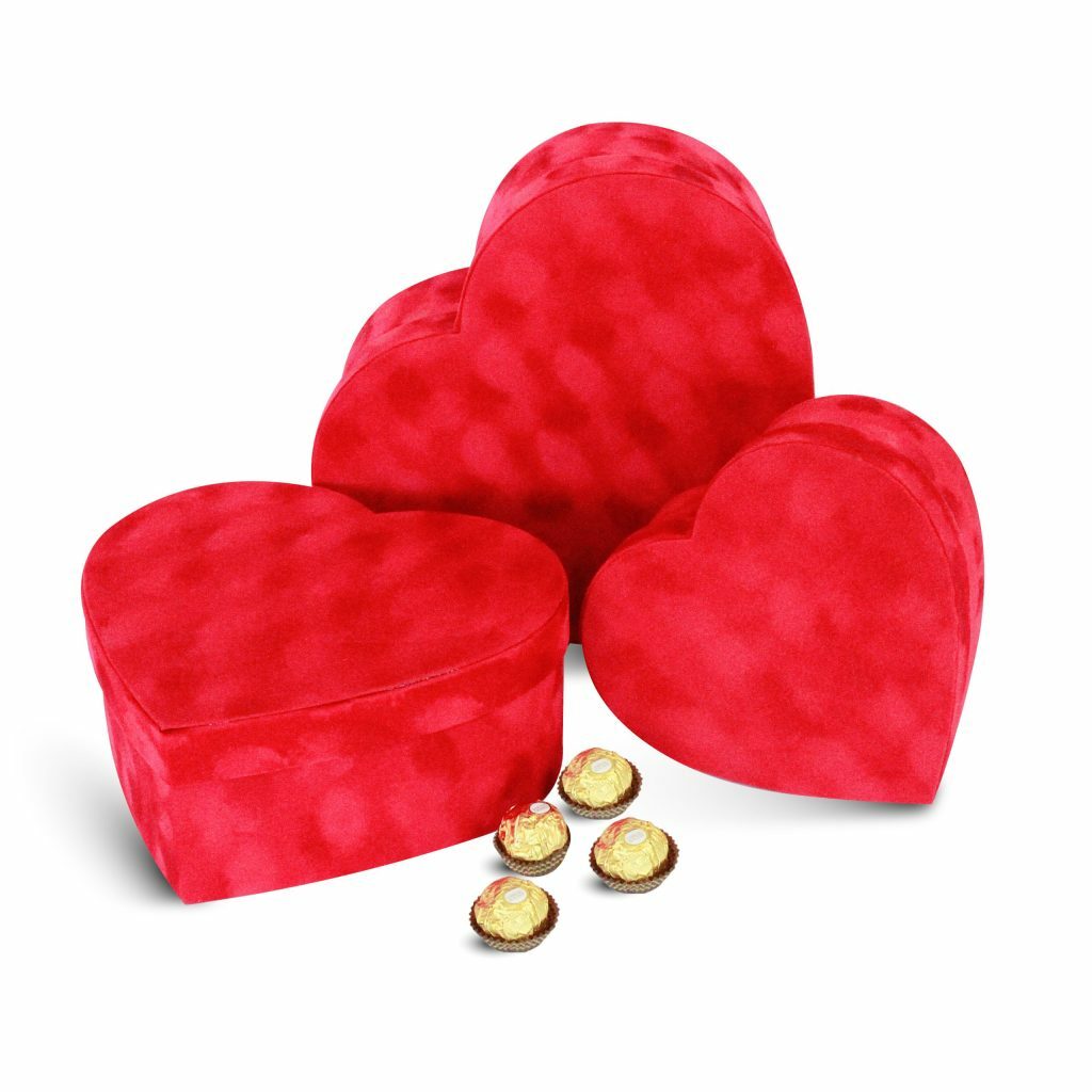 Premium Quality Heart Shaped Velvet Flower Boxes, Set of 3, Liner Included