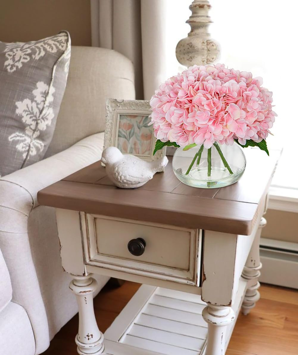Hydrangea Artificial Flowers with Glass Vase Pink Silk Faux Flowers Arrangements
