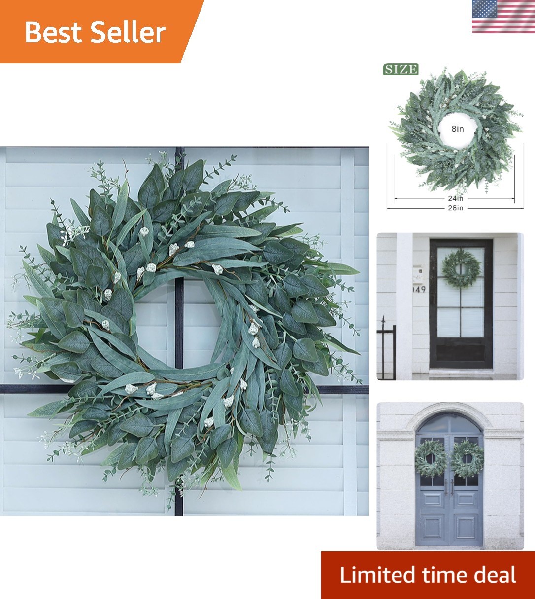 Lifelike 26-Inch Eucalyptus Wreath – All-Season Home Decor for Any Occasion