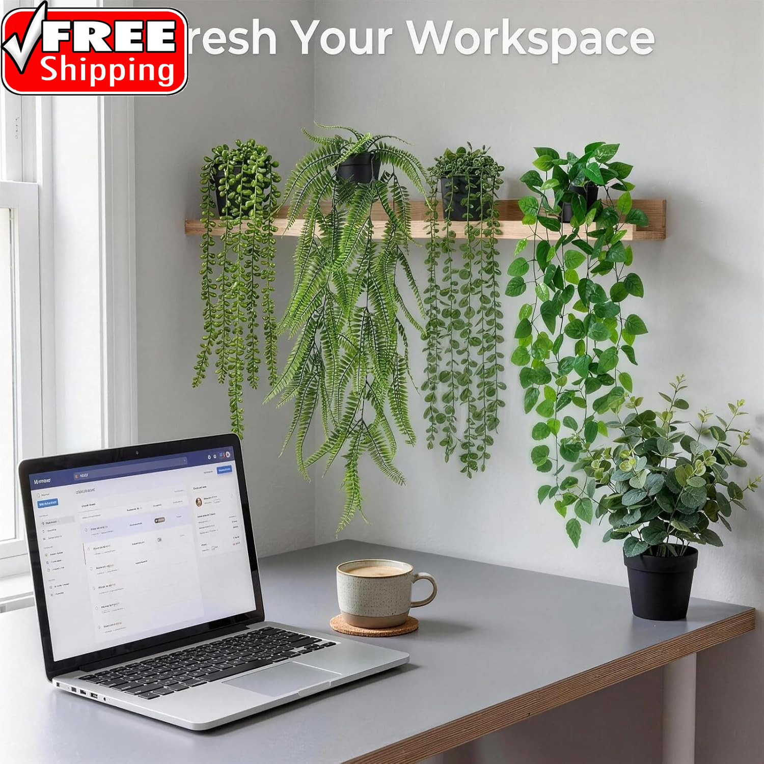 4 Pcs Artificial Hanging Plants with Pots – Realistic Fake Eucalyptus & Ivy Vine