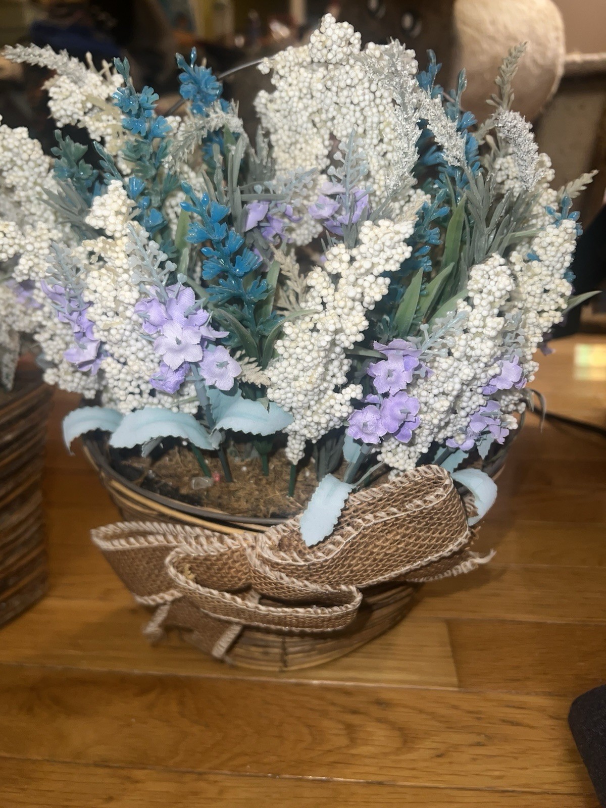 2 Farmhouse Artificial Lavender & Statice Flower Arrangement in Woven Baskets
