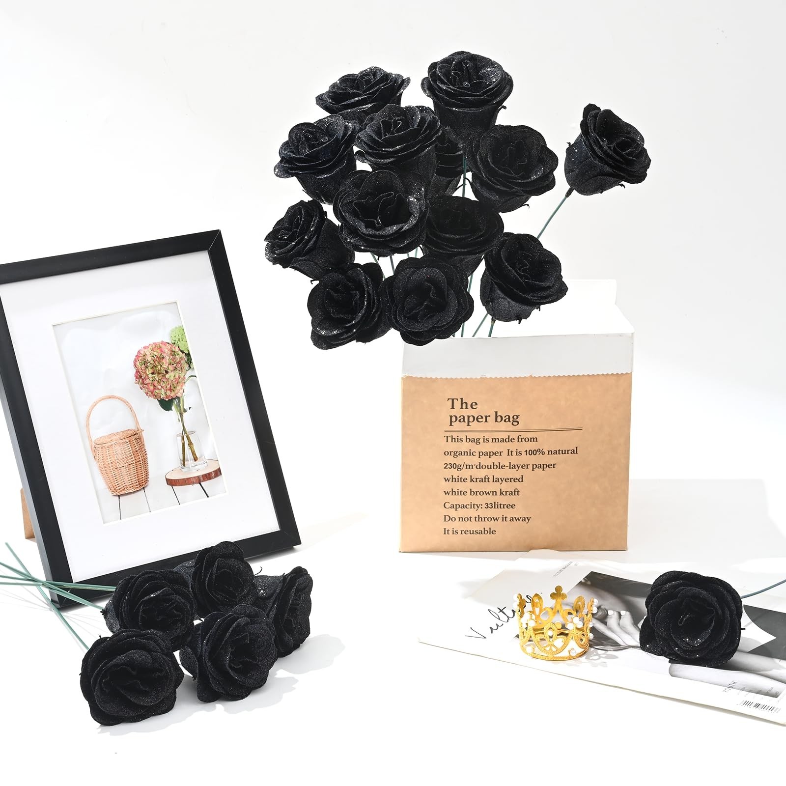 Glitter Black Roses Bouquet – 36 Pcs DIY Fake Flowers for Birthdays, Anniversari