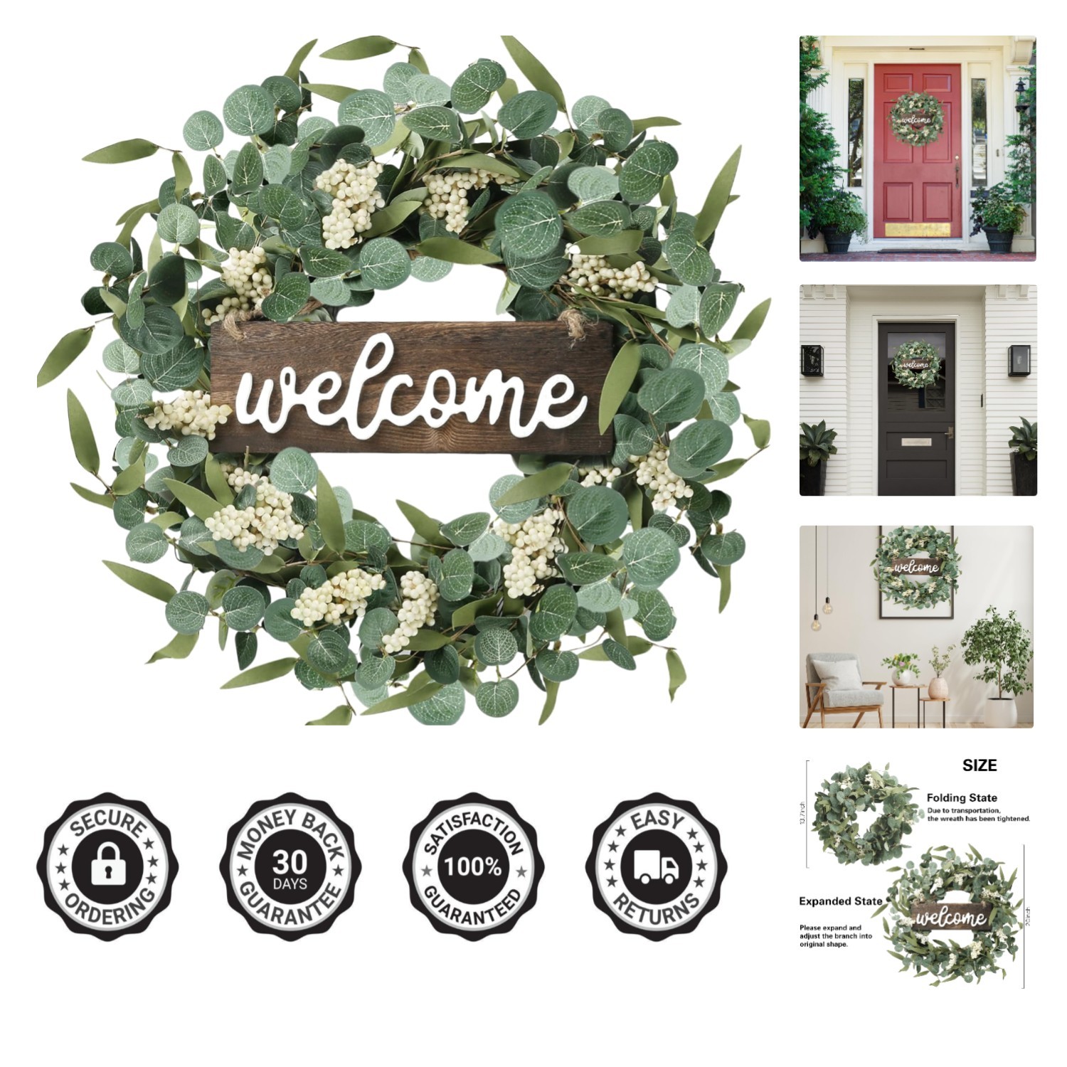 Artificial Green Eucalyptus Wreath with 3D Wood Alphabet – 20in All-Season Decor