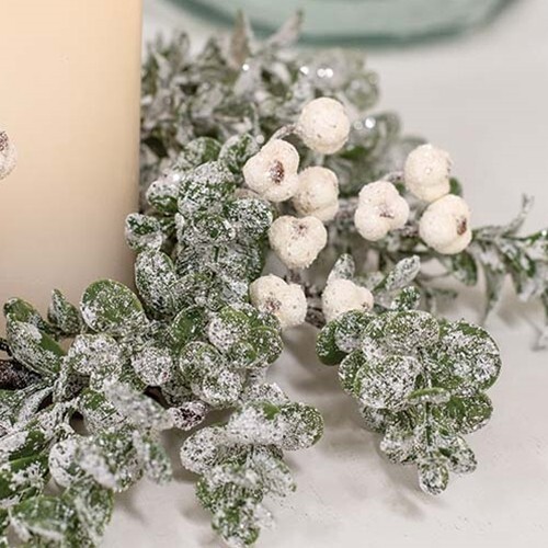 NEW FARMHOUSE SNOWY Candle Ring BOXWOOD GLITTERED BERRIES Christmas 6.5″ x 16″