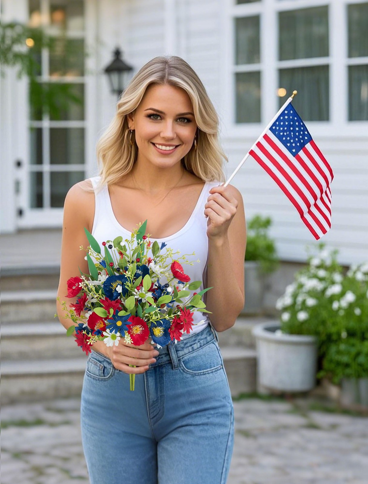 4 Bundle Red White Blue Artificial Flower Patriotic 4th Of July Bouquet Decor