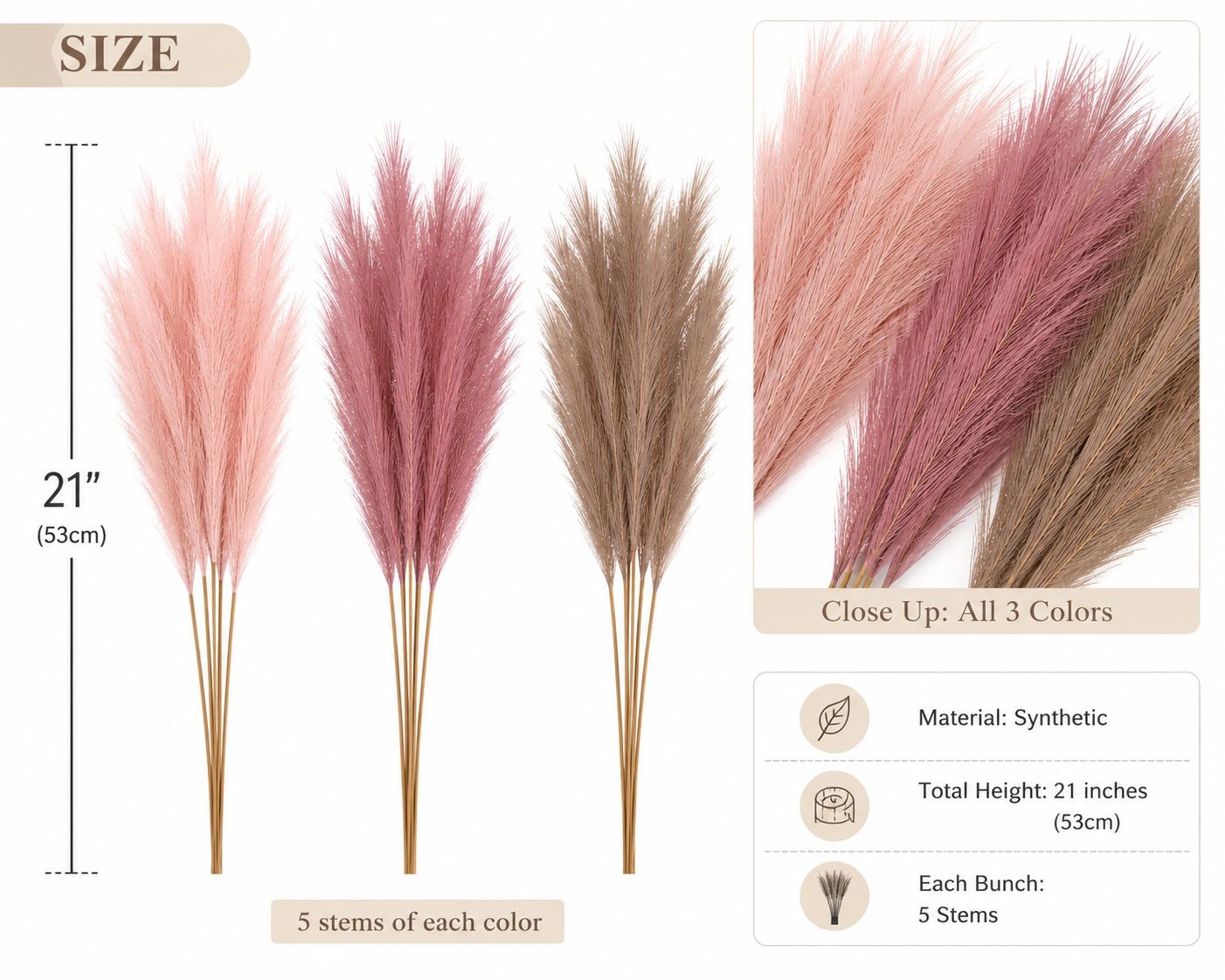 Dusty Pink Pampas Grass Decor Set of 15 Faux Pampas Stems Blush Mauve Taupe Pamp