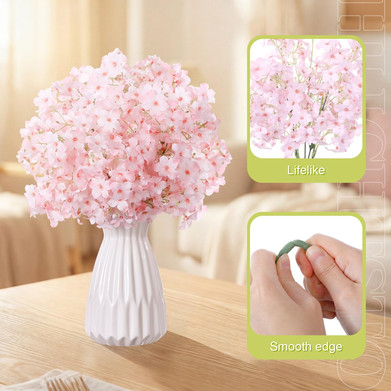 6 Pcs Artificial Cherry Blossoms 14 Inches Fake Silk Pink Sakura Peach Flower…