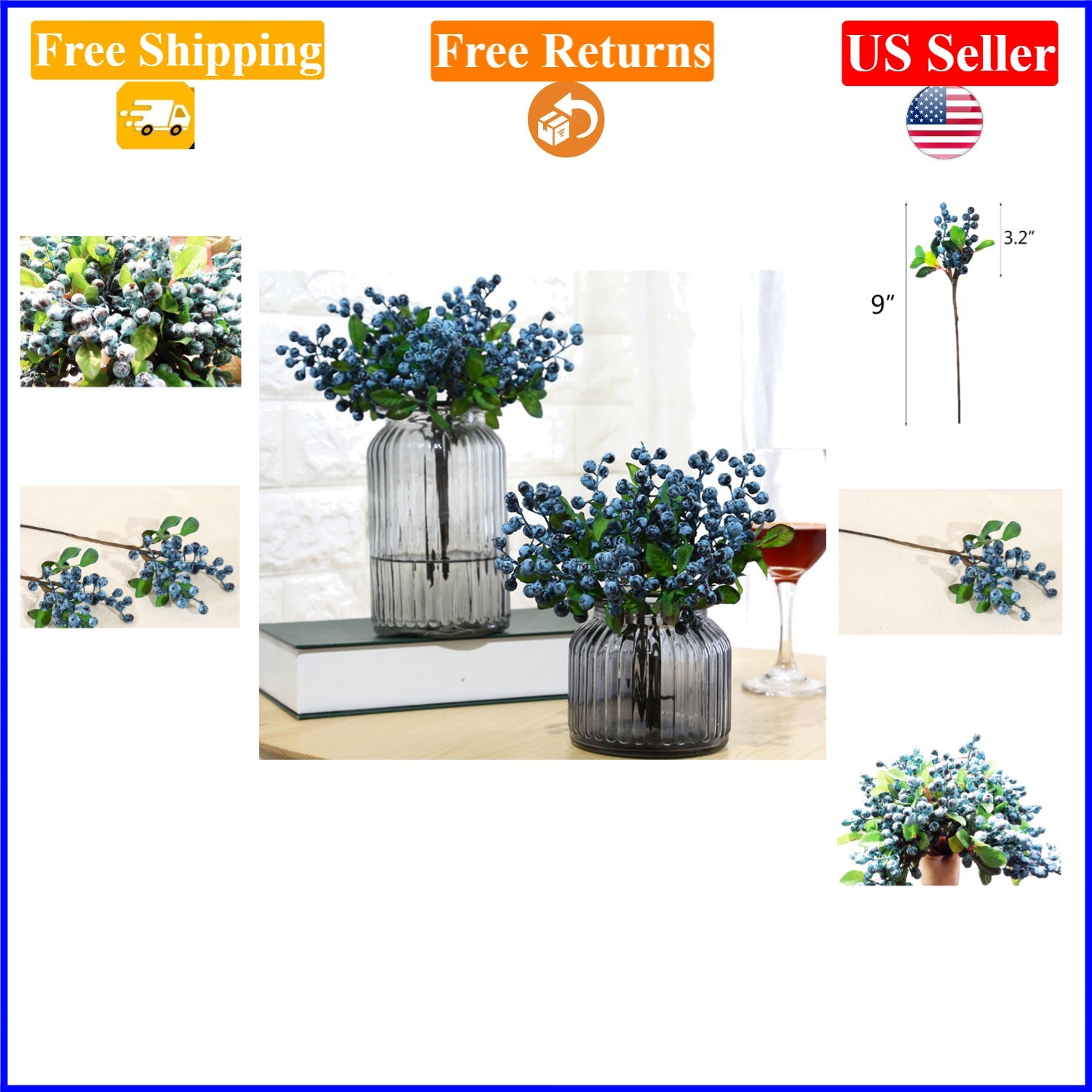10 Pack Blue Artificial Blueberry Stems for Home & Party Decor