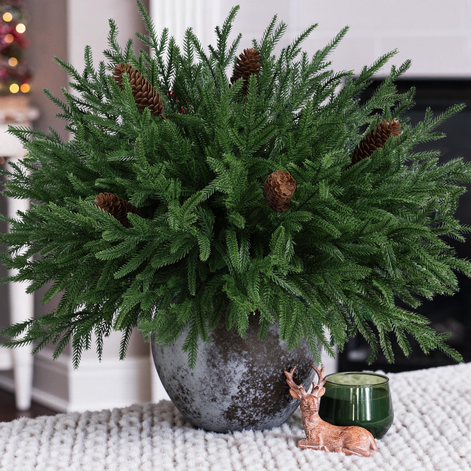 19 Inch Christmas Norfolk Pine Stems, 12PCS Real Touch Faux Cedar Pine with 5…