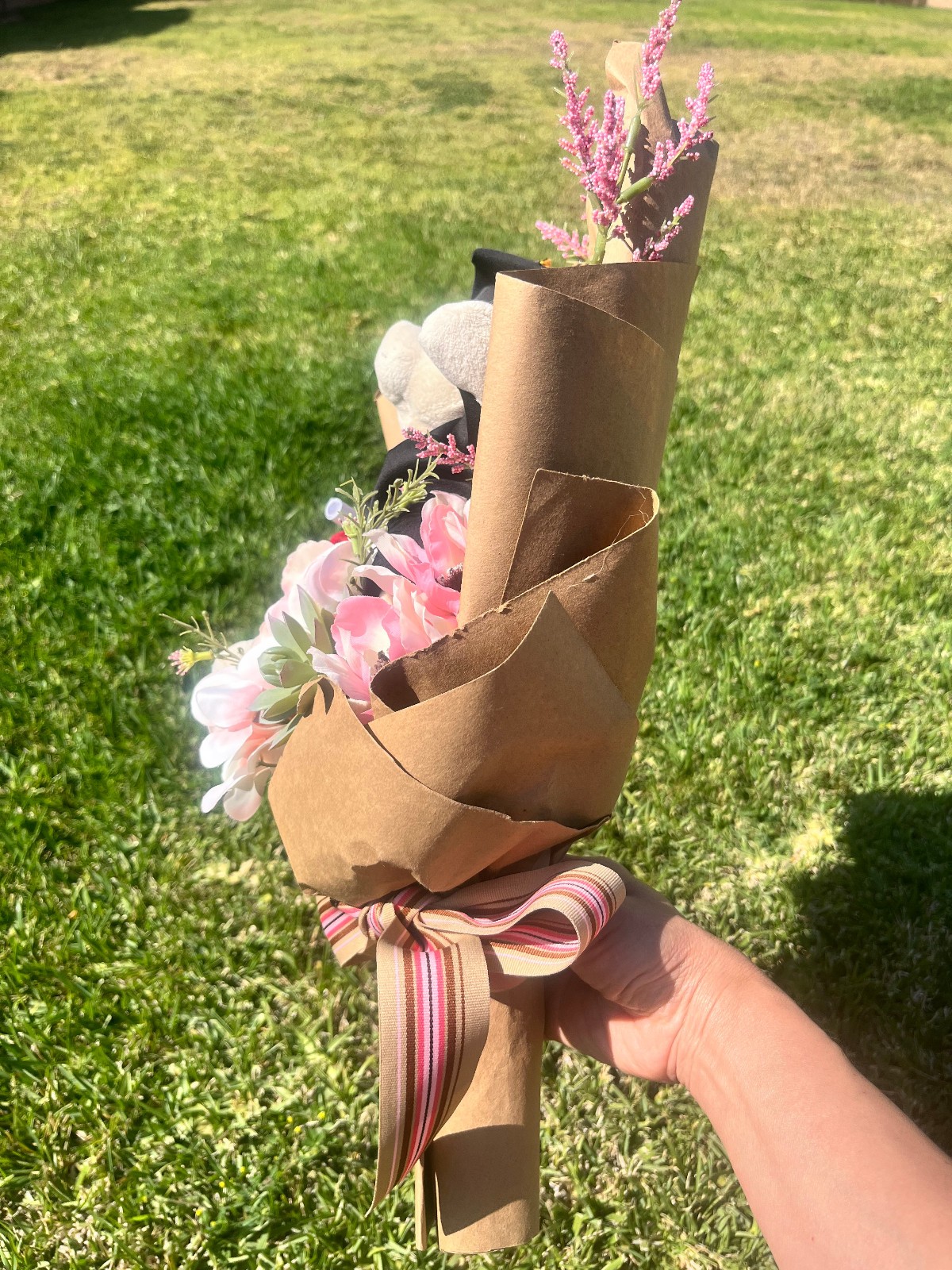 Hand Made Graduation Plush Bear Pink Artificial Flower Bouquet & Matching Ribbon