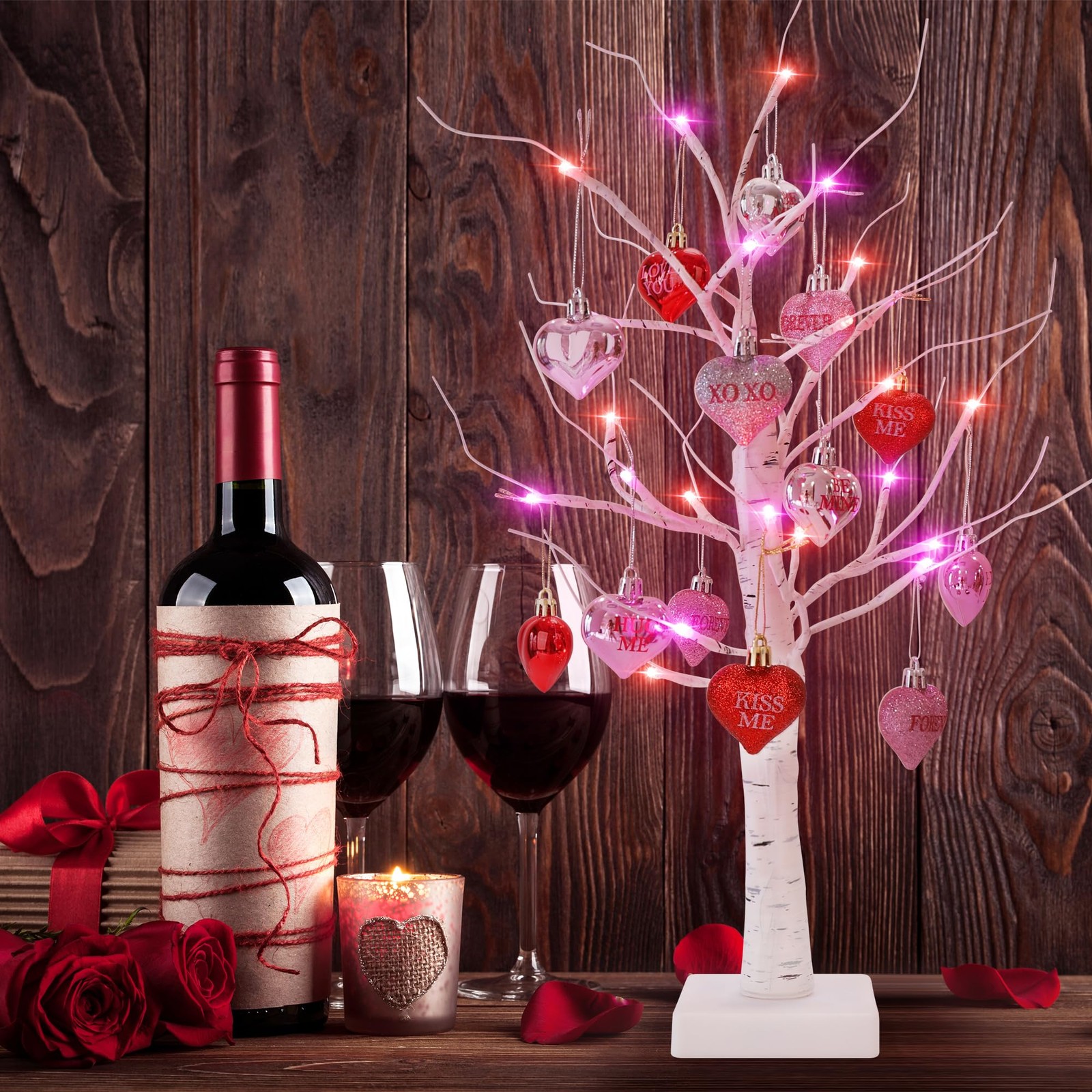 24in Lighted Valentine Birch Tree Tabletop LED USB & Battery Timer Hearts Decor