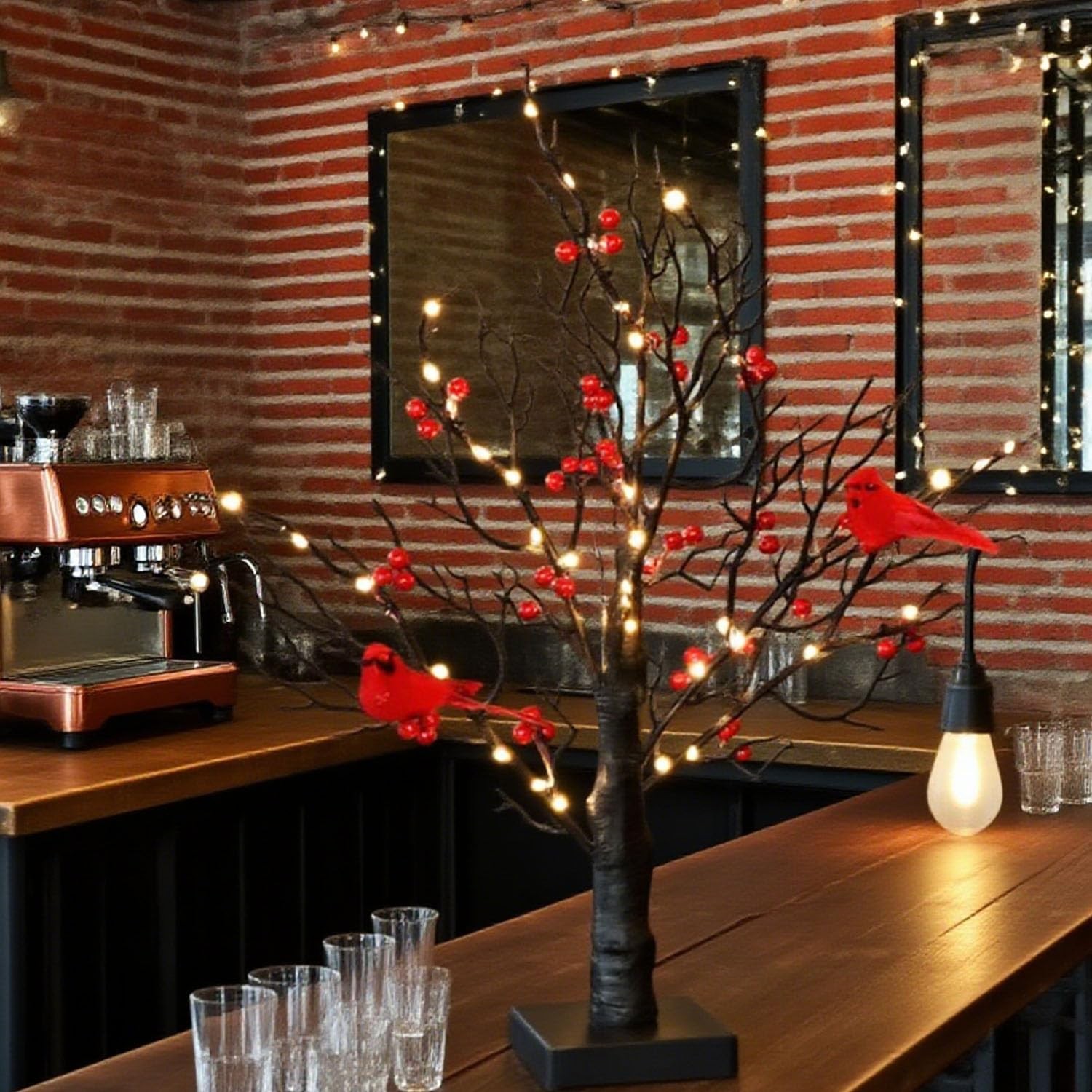 Cardinal Red Berries Tree Table Decoration Light for Tabletop Centerpiece Chr…