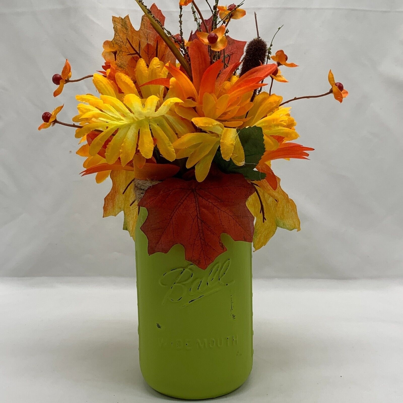 Fall Floral Arrangement Artificial Flowers Autumn Sunflowers Green Ball Jar Vase