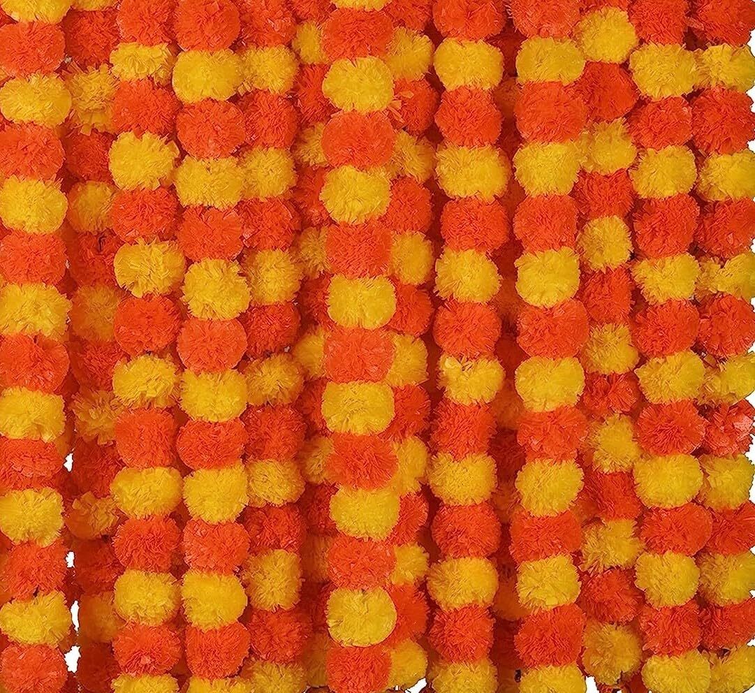5 Pcs Yellow Dark Orange Marigold Flower Garland for Indian Wedding Decor
