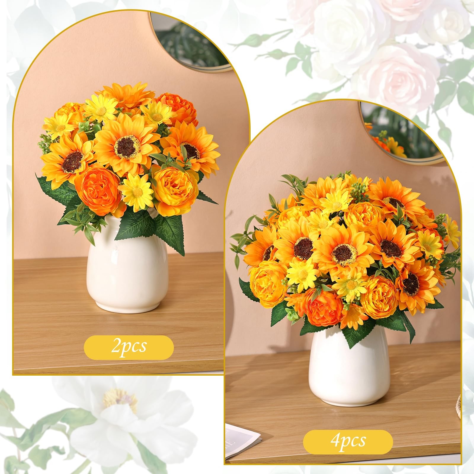 2 PCS Artificial Sunflower Peony Fake Flower Arrangement Vase Bouquet