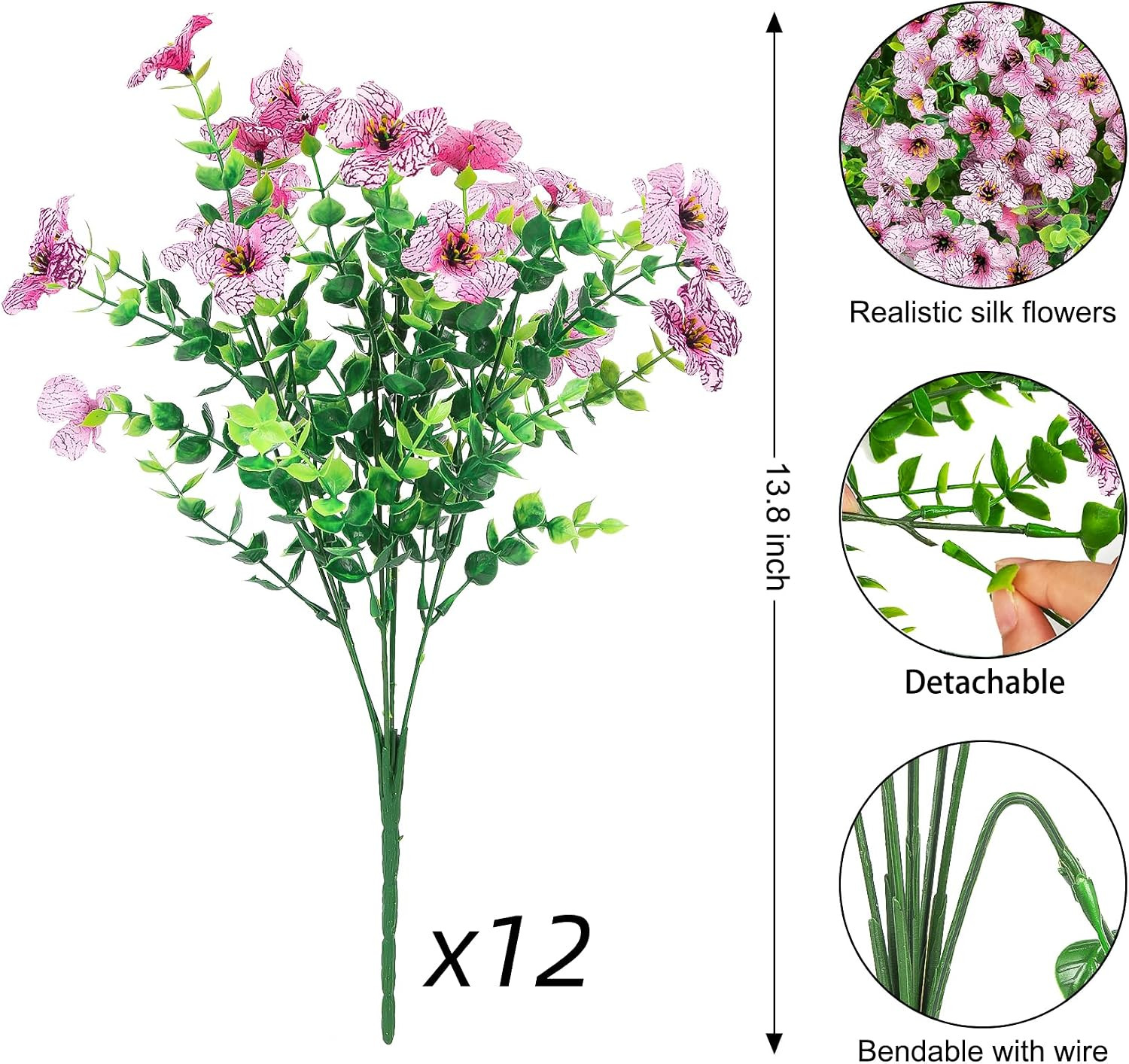 12 Bundles Artificial Flowers for Outdoors, UV Resistant, Pink