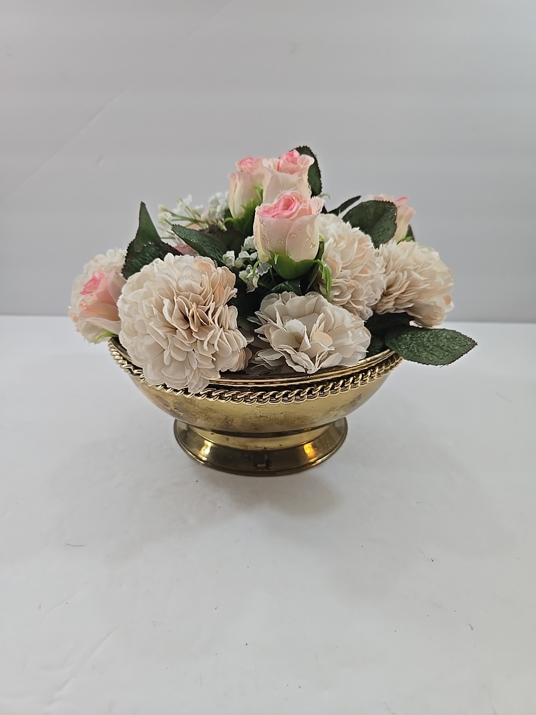 Vintage Silk Floral Arrangement in Footed Brass Planter Pot England 7″