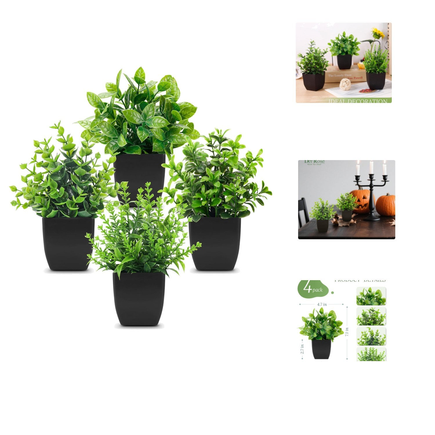 Black Mini Artificial Greenery – 4 Pack for Stylish Bathroom and Office Decor