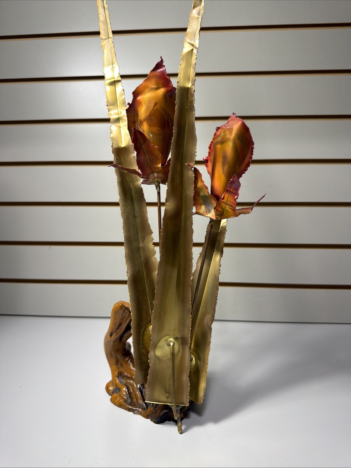 Brutalist Brass Copper Lilies On Burl Wood Stand Mid Century Vintage MCM Floral