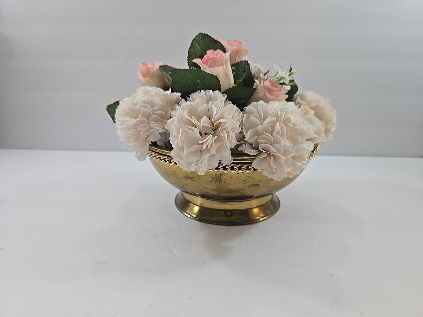 Vintage Silk Floral Arrangement in Footed Brass Planter Pot England 7″