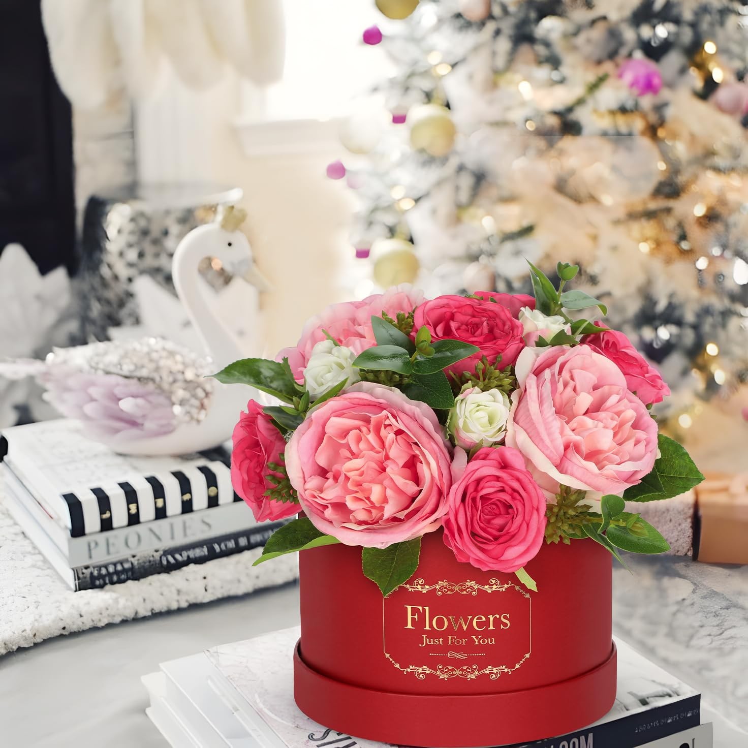 Red Pink Artificial Peonies Roses in Vase Round Gift Box Floral Arrangement