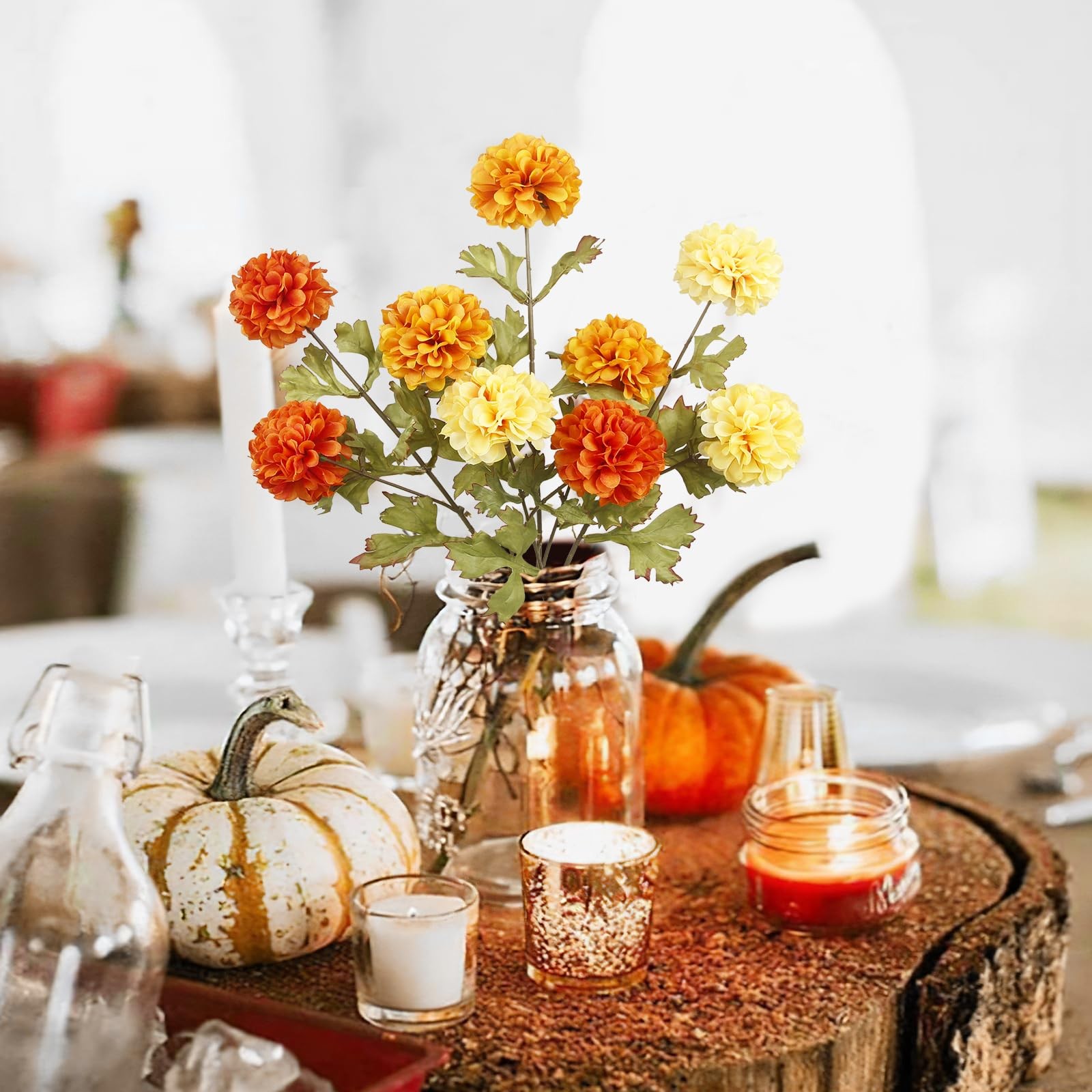 3 Pcs Artificial Marigold Flowers Artificial Chrysanthemums Flower Orange Sil…
