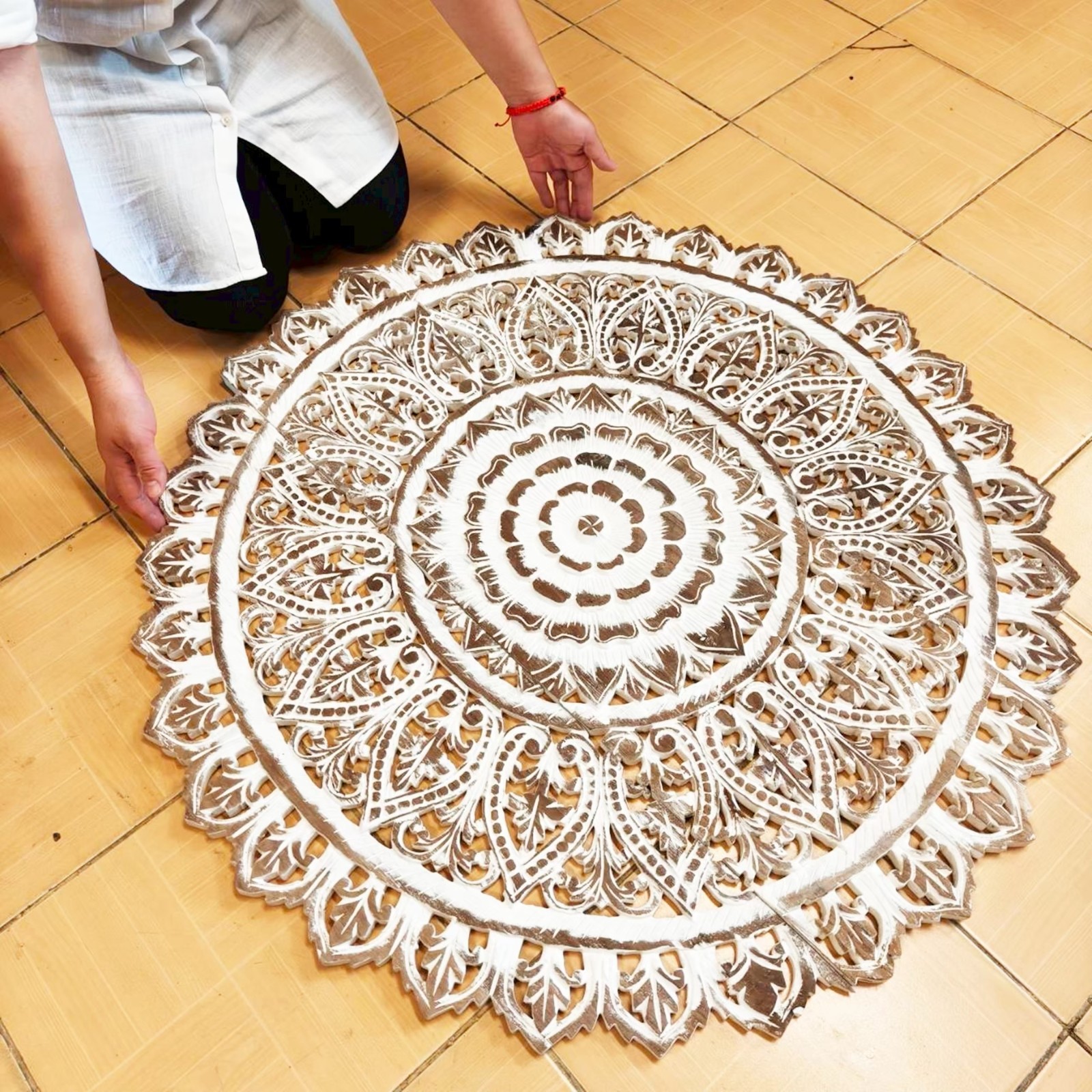 36″ Large Round White Wash Wood Mandala Wall Art Shabby Chic Decor #E