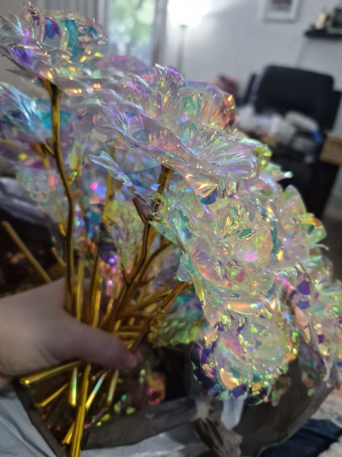 Artificial Iridescent Multicolor Flower Stem Floral Pick, Gold Metal Stem