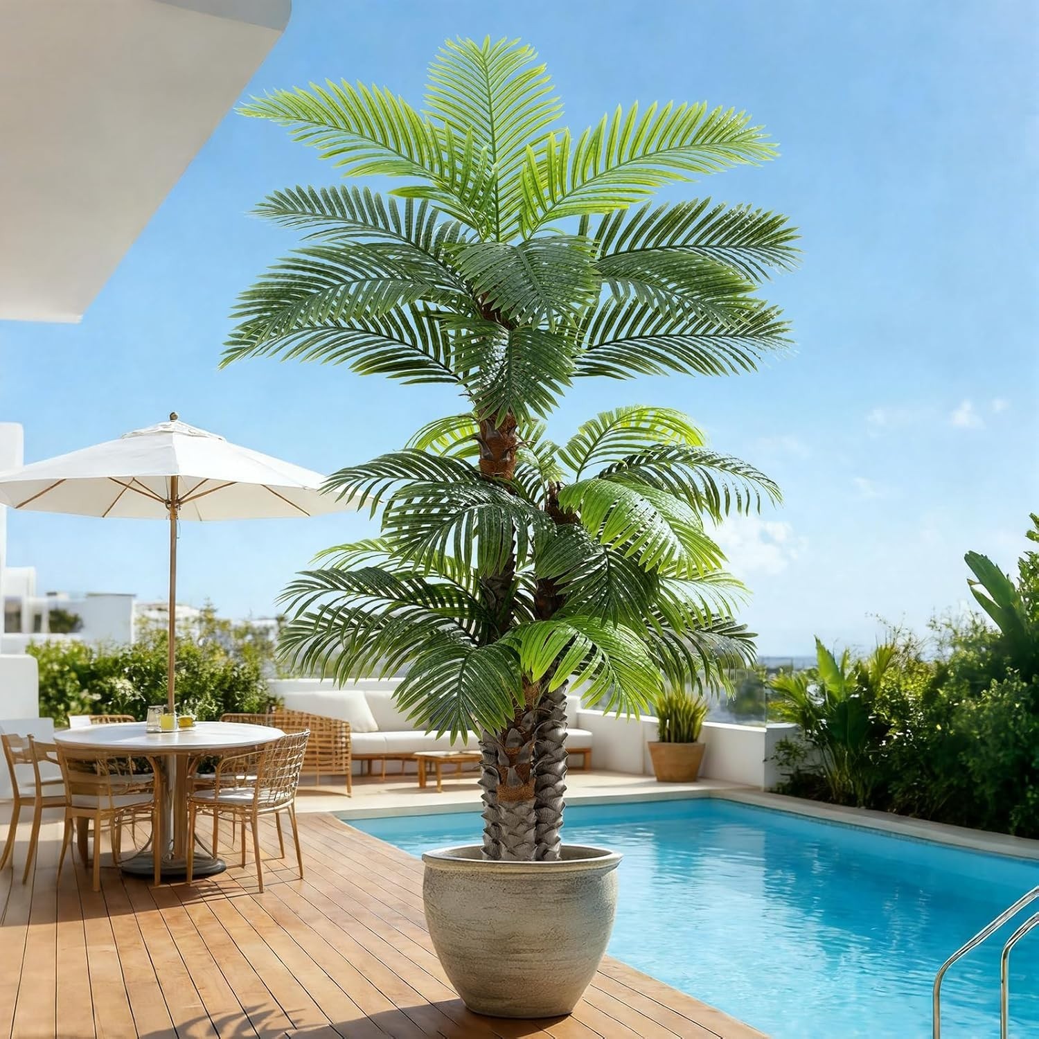 8.5ft Tall Artificial Triple Phoenix Palm Tree UV Resistant Large Fake Silk