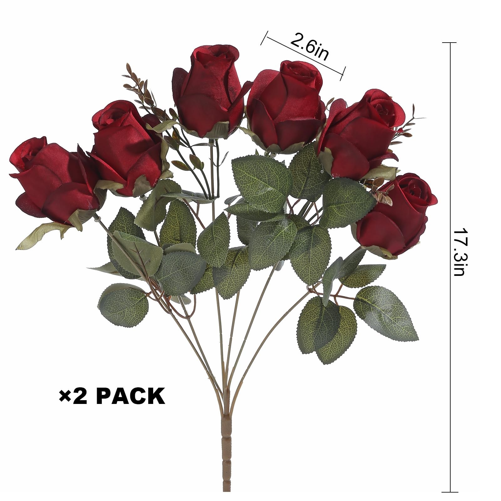 2 PCS FlueHouzz Artificial Roses Fake Silk Bouquet 12 Heads Realistic Burgundy