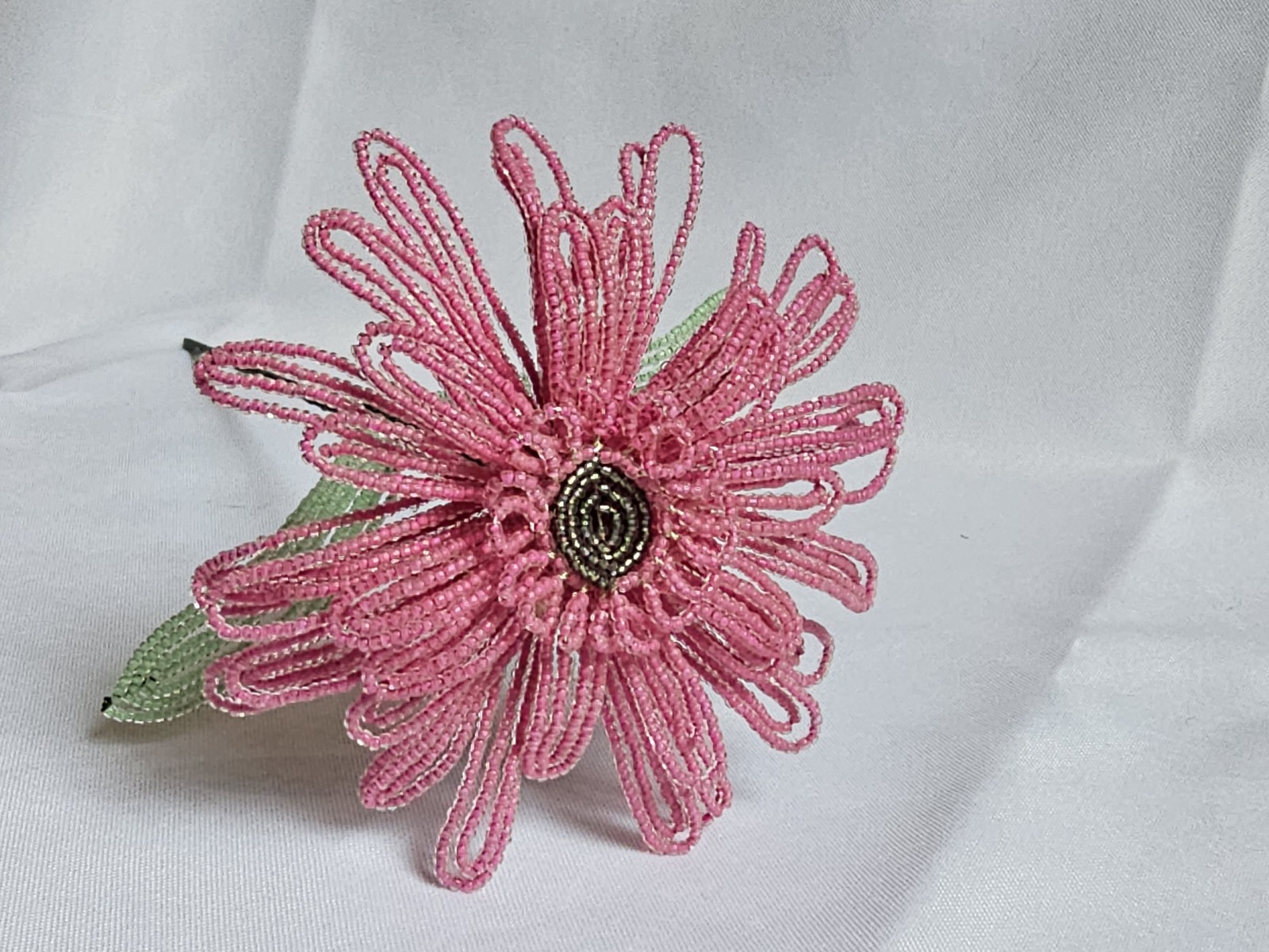 Pink French Beaded Gerbera Daisy – Handmade Heirloom Floral Decor Gift Idea