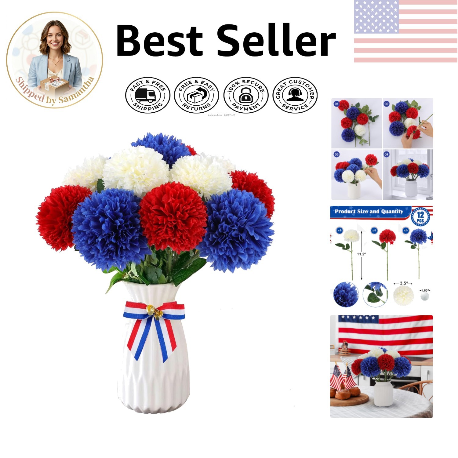 Silk Chrysanthemum Flowers – 12 Pcs Red, White & Blue for Independence Day Decor