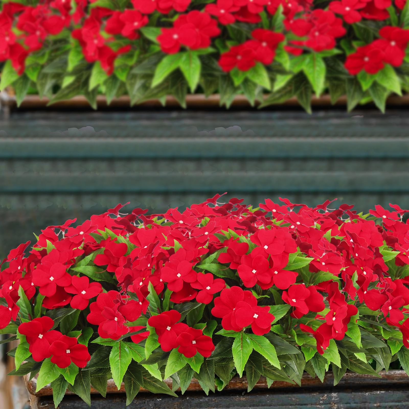 Artificial Outdoor Impatiens Flowers UV Resistant Faux Red Bushes 4PCS