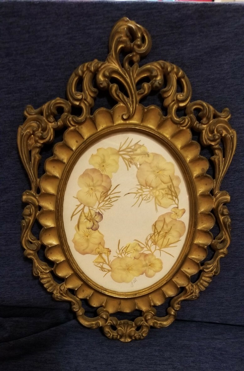 Pressed Flower Pansy Arrangement Ornate Framed Wall Hanging