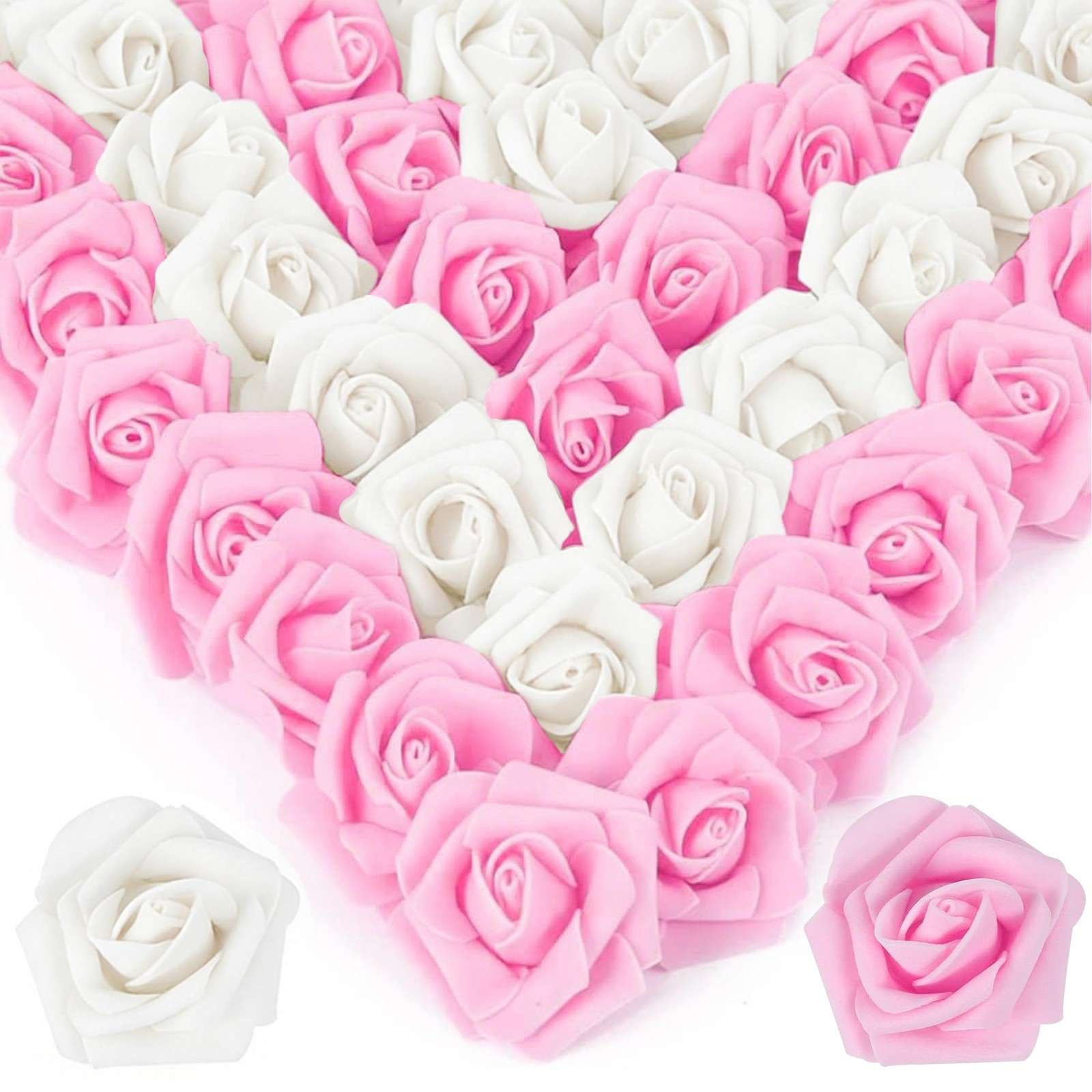 100 PCS Pink White Artificial Rose Flower Heads Foam Fake Roses Wedding DIY