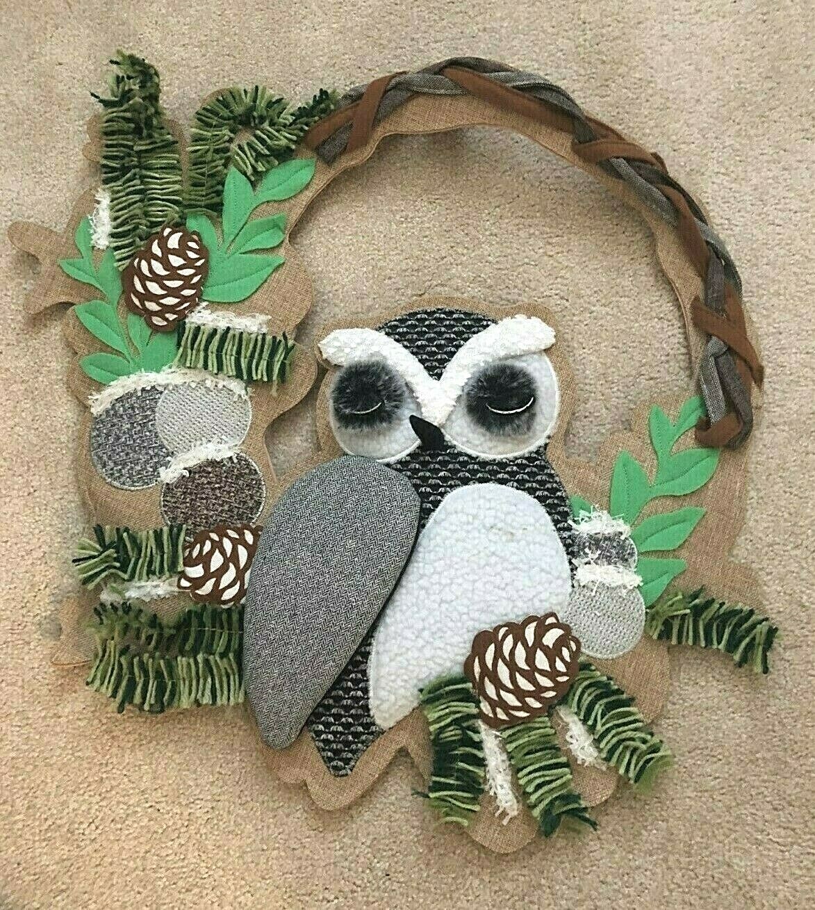 Burlap Owl Wreath/Wall hanging with Pinecones Fabric and Yarn It’s a HOOT!