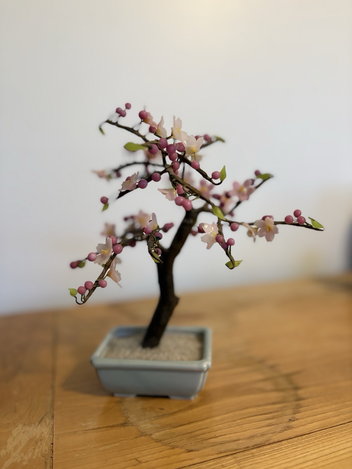 Vintage Cherry Blossom Bonsai Tree w/ Pink Blossoms & Berries Gray Planter