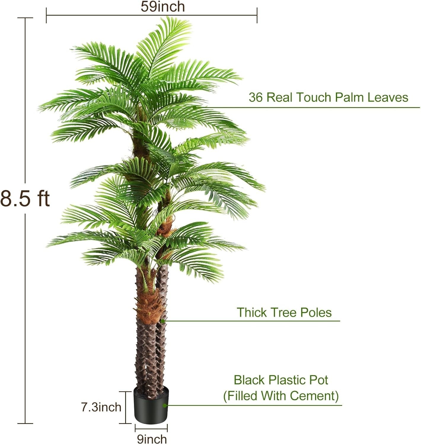 8.5ft Tall Artificial Triple Phoenix Palm Tree UV Resistant Large Fake Silk