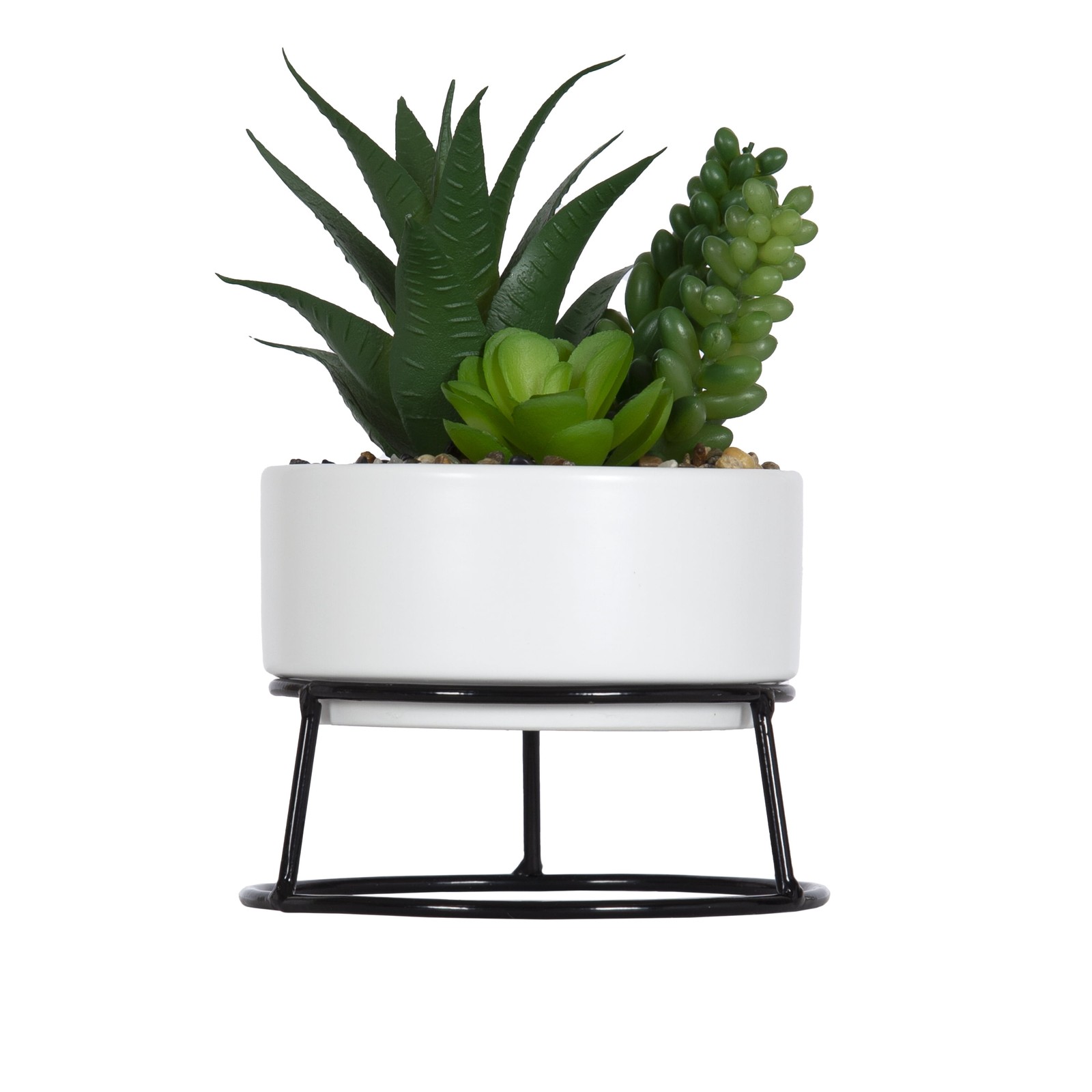 6.5″ Artificial Mixed Succulents in White Ceramic Planter with Black Metal Stand