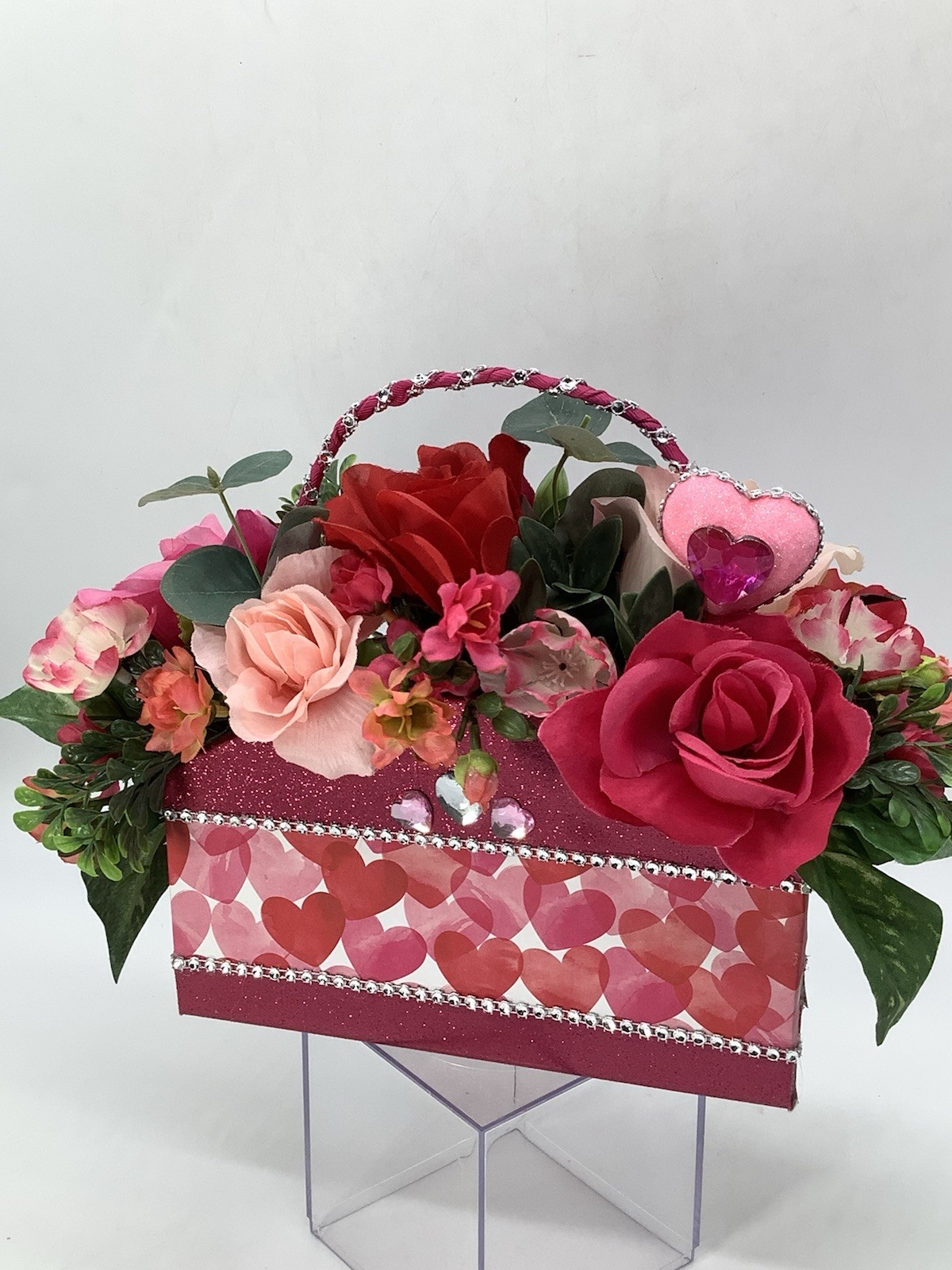 Handmade Valentines Day Pink Red Heart Purse Floral Arrangement Centerpiece