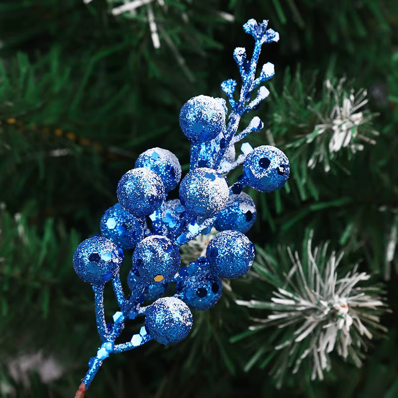 19Cm Christmas Blue Glitter Berry Stems Artificial Foam Berry Snow Covered Berry