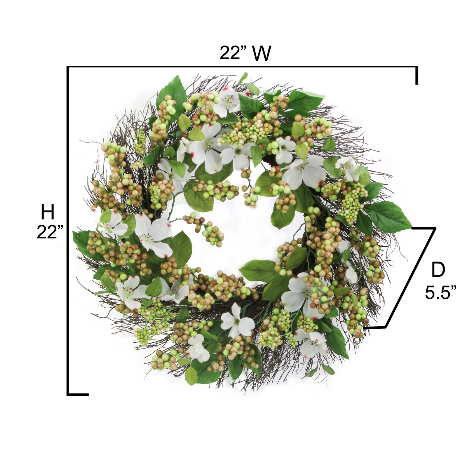 Admired By Nature 22″ Artificial White Dogwood Berry Wreath Spring Summer Wre…